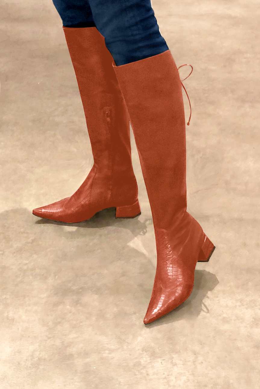 Terracotta orange women's knee-high boots, with laces at the back. Pointed toe. Low flare heels. Made to measure. Worn view - Florence KOOIJMAN